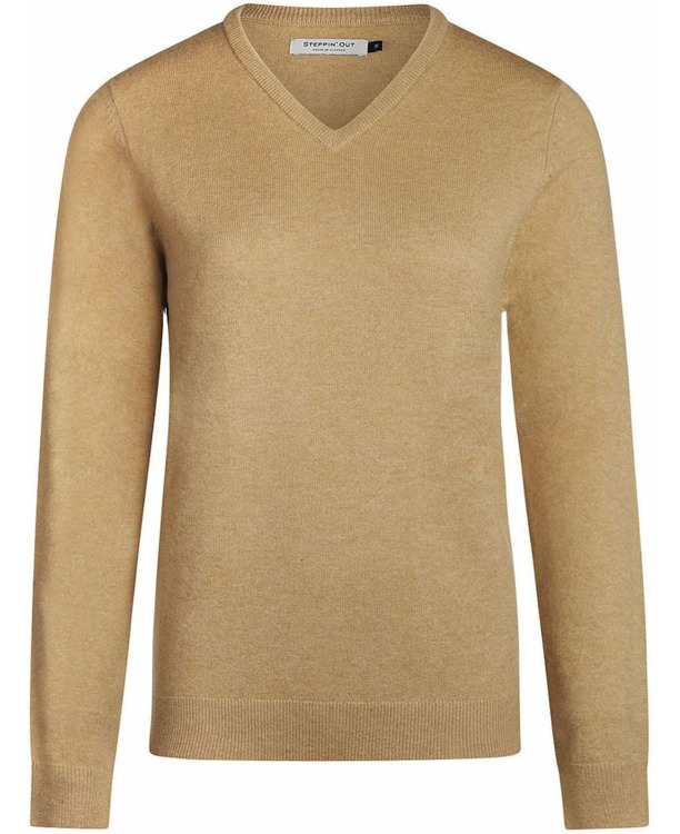 Steppin' Out Dames Pullover V-hals Merinowol Camel