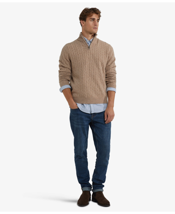 Cable Zip Mock Sweater 100% Lambswool Heren