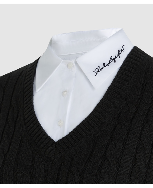 CABLE KNIT POPLIN MIX SWEATER