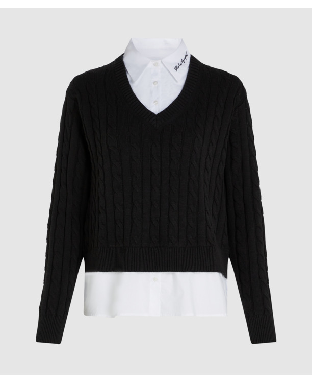 CABLE KNIT POPLIN MIX SWEATER