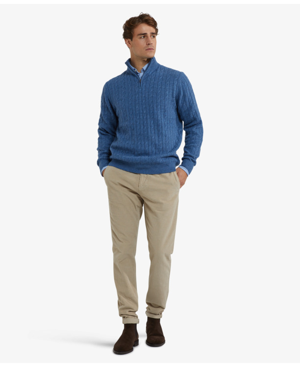 Cable Zip Mock Sweater 100% Lambswool Heren