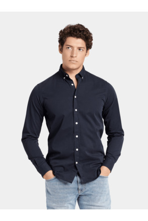 No Label Heren Overhemd Navy Felix Twill Cotton