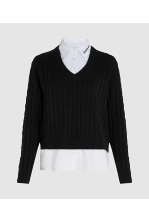 CABLE KNIT POPLIN MIX SWEATER