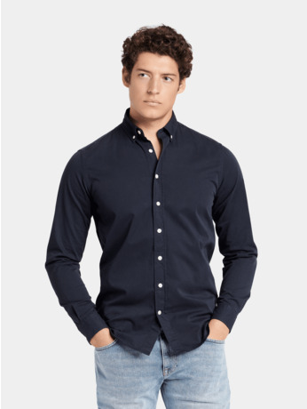 No Label Heren Overhemd Navy Felix Twill Cotton