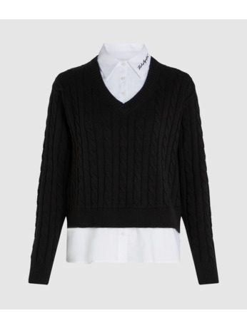 CABLE KNIT POPLIN MIX SWEATER