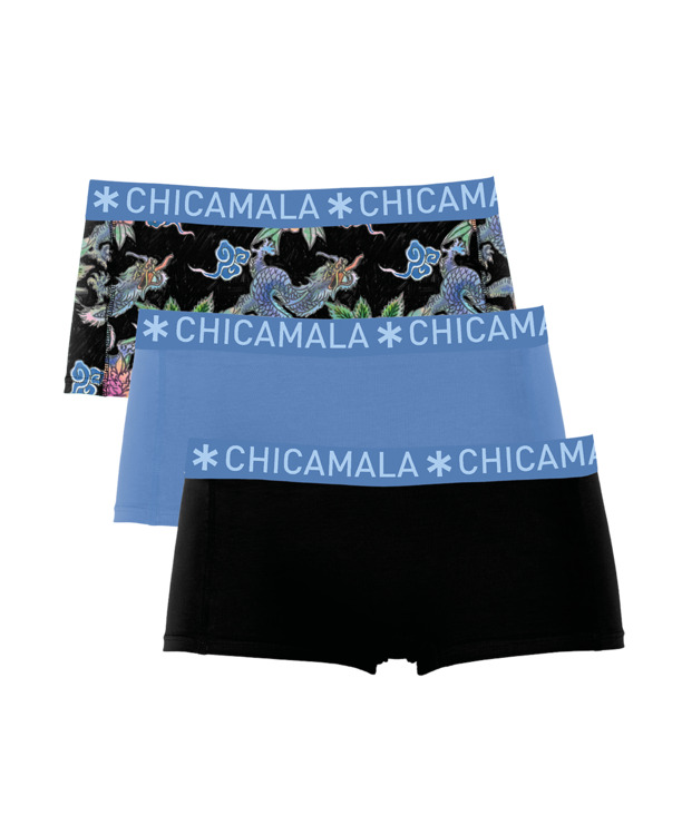 Dames 3-pack Boxershort Print + Effen Print/Blue/Black