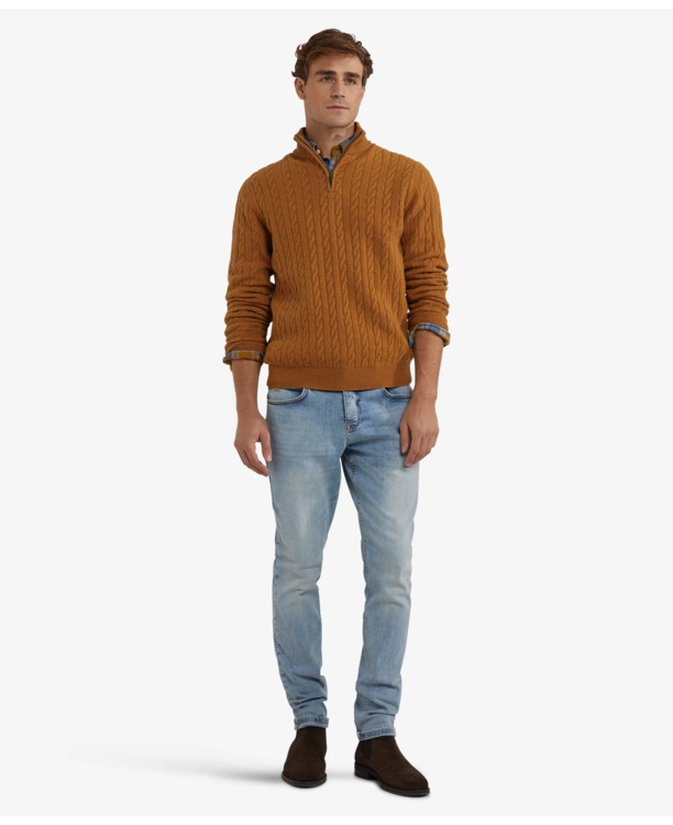 Cable Zip Mock Sweater 100% Lambswool Heren