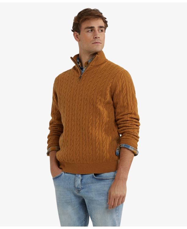 Cable Zip Mock Sweater 100% Lambswool Heren