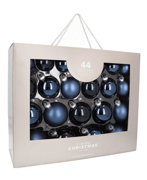 Stoere Denim Blue kerstballenset 44 stuks in handige box