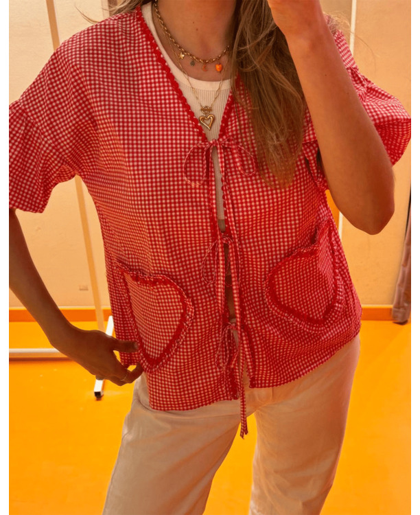 Gingham print contrasting heart detail blouse