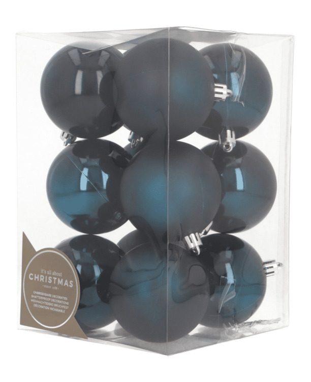 12 donkerblauwe kerstballen in handige box