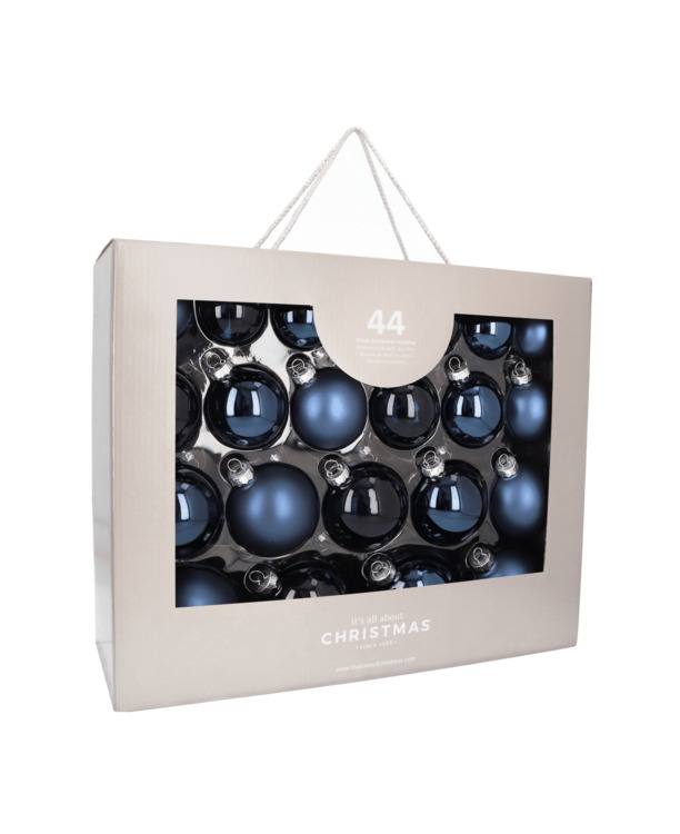 Stoere Denim Blue kerstballenset 44 stuks in handige box