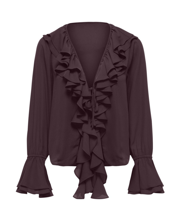 Regular Fit V-Neck Long Sleeves (L/S) Blouse met ruches en volumineuze mouwen