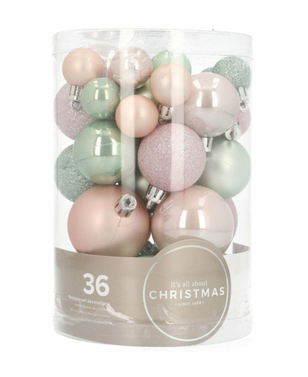 36 kleine kunststof kerstballen romantic pastels in koker