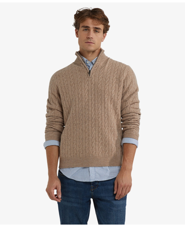Cable Zip Mock Sweater 100% Lambswool Heren