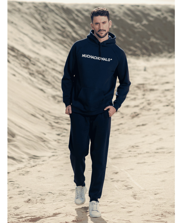 Mannen Witte Borduurwerk Hoodie Marineblauw