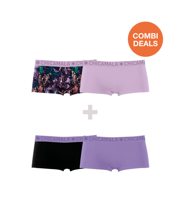 Dames 2-pack combi Boxer Shorts Print + Solid Print/Pink/Purple/Black