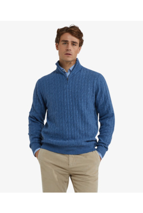 Cable Zip Mock Sweater 100% Lambswool Heren