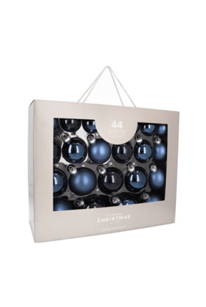 Stoere Denim Blue kerstballenset 44 stuks in handige box