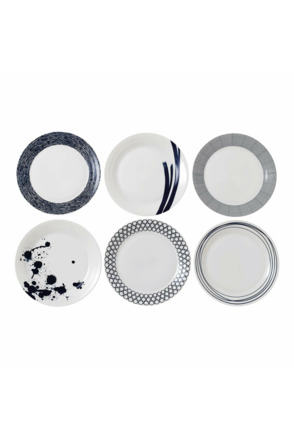 Pacific Plate 29cm 11.4in, Blue Mixed Patterns, Set of 6