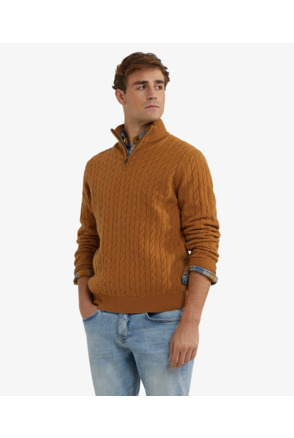 Cable Zip Mock Sweater 100% Lambswool Heren