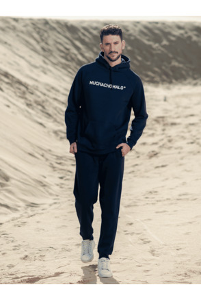 Mannen Witte Borduurwerk Hoodie Marineblauw