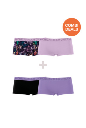 Dames 2-pack combi Boxer Shorts Print + Solid Print/Pink/Purple/Black