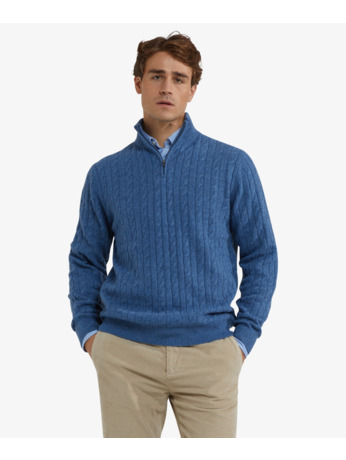 Cable Zip Mock Sweater 100% Lambswool Heren