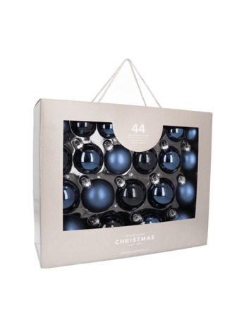 Stoere Denim Blue kerstballenset 44 stuks in handige box