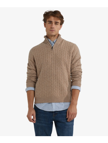 Cable Zip Mock Sweater 100% Lambswool Heren