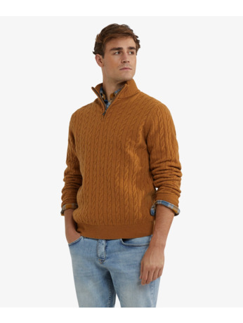 Cable Zip Mock Sweater 100% Lambswool Heren