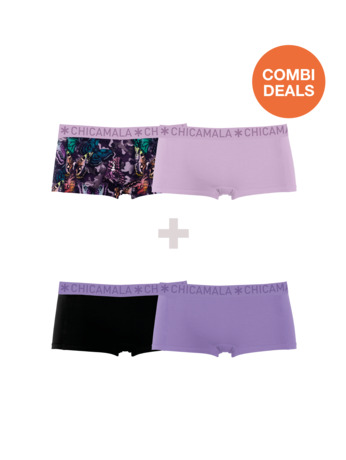 Dames 2-pack combi Boxer Shorts Print + Solid Print/Pink/Purple/Black